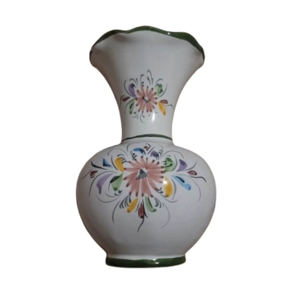 Portuguese Hand Painted Decorative Floral Vase green trim multicolor flowers